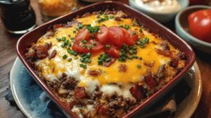 Portion Low-Carb Speck Cheeseburger Auflauf auf weißem Teller mit sichtbaren Speck- und Hackfleischstücken