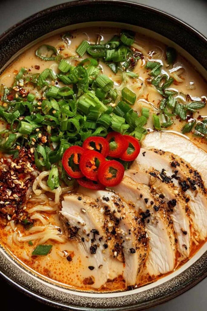 Marry Me Chicken Ramen mit cremiger Parmesan-Sauce und zartem Hähnchen in schwarzer Pfanne