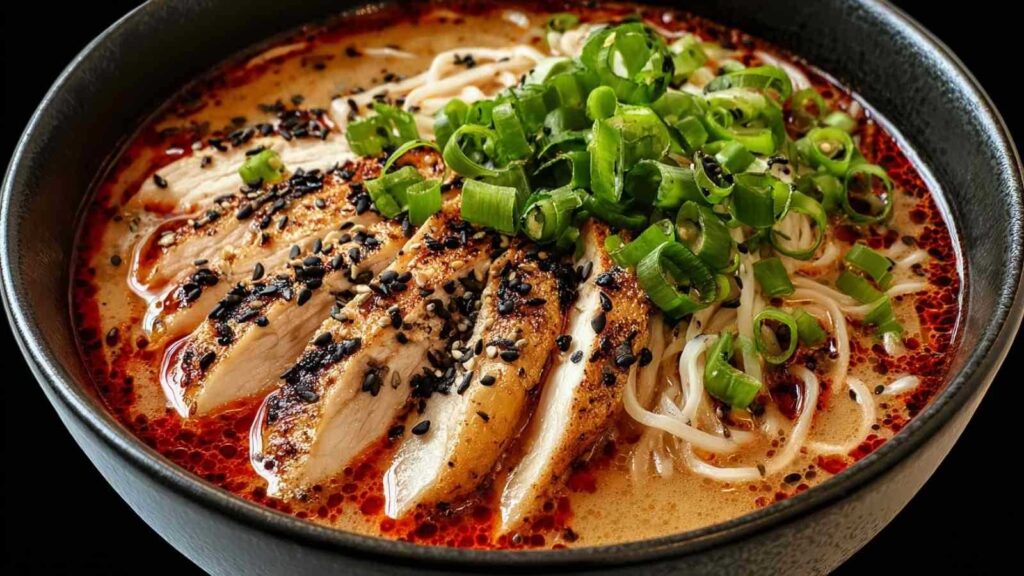 Marry Me Chicken Ramen mit cremiger Parmesan-Sauce und zartem Hähnchen in schwarzer Pfanne