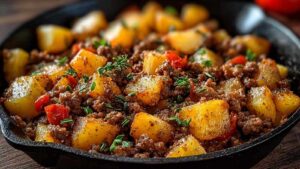 Mexikanische Hackfleisch-Pfanne mit Kartoffeln in gusseiserner Pfanne servierfertig garniert