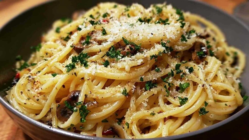 Midnight Pasta mit Knoblauch, Olivenöl und frischer Petersilie serviert auf weißem Teller