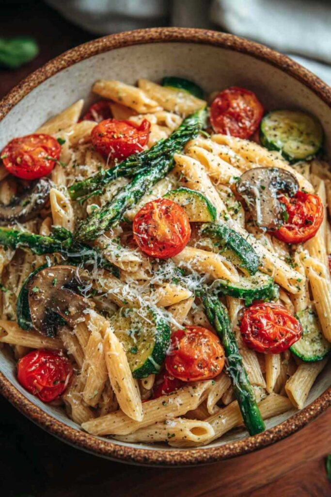 One Pot Gemüse-Pasta mit buntem Gemüse und Penne-Nudeln in einem großen Kochtopf