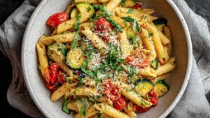 One Pot Gemüse-Pasta mit buntem Gemüse und Penne-Nudeln in einem großen Kochtopf