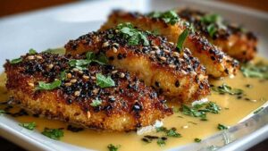 Parmesan Hähnchen Longhorn mit knuspriger goldbrauner Parmesan-Kruste auf weißem Teller