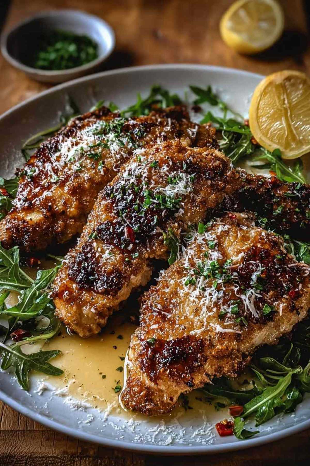 Parmesan Hähnchen Longhorn mit knuspriger goldbrauner Parmesan-Kruste auf weißem Teller