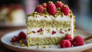 Pistazien-Himbeer-Torte mit Mascarpone-Creme elegant dekoriert auf weißer Tortenplatte