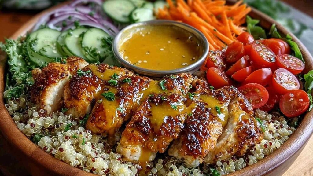 Honig-Senf-Hähnchen-Quinoa-Power-Bowl mit mariniertem Hähnchen, Quinoa und buntem Gemüse