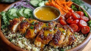 Honig-Senf-Hähnchen-Quinoa-Power-Bowl mit mariniertem Hähnchen, Quinoa und buntem Gemüse