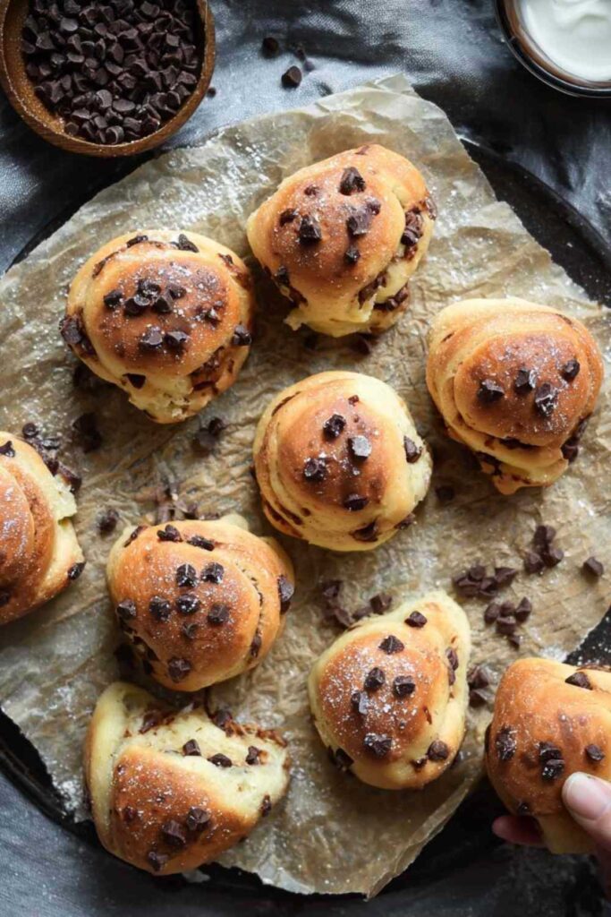 10-Minuten Schoko-Brötchen mit goldbrauner Oberfläche und sichtbaren Schokotropfen frisch aus dem Airfryer