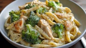 Cremige Hähnchen-Brokkoli-Pasta mit goldbraunem Hähnchen und grünem Brokkoli in käsiger Sauce