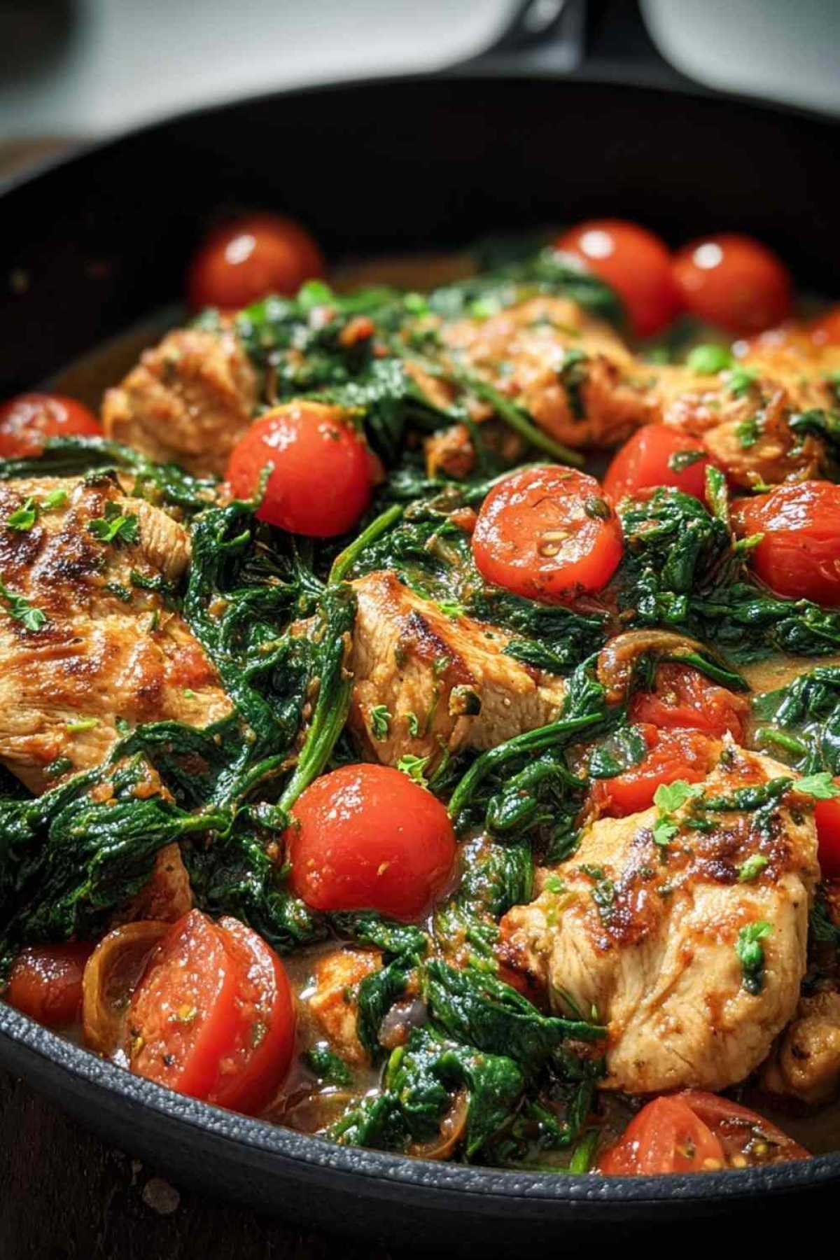 Keto Hähnchen-Spinat-Tomaten-Pfanne mit cremiger Sahnesauce in schwarzer Pfanne serviert