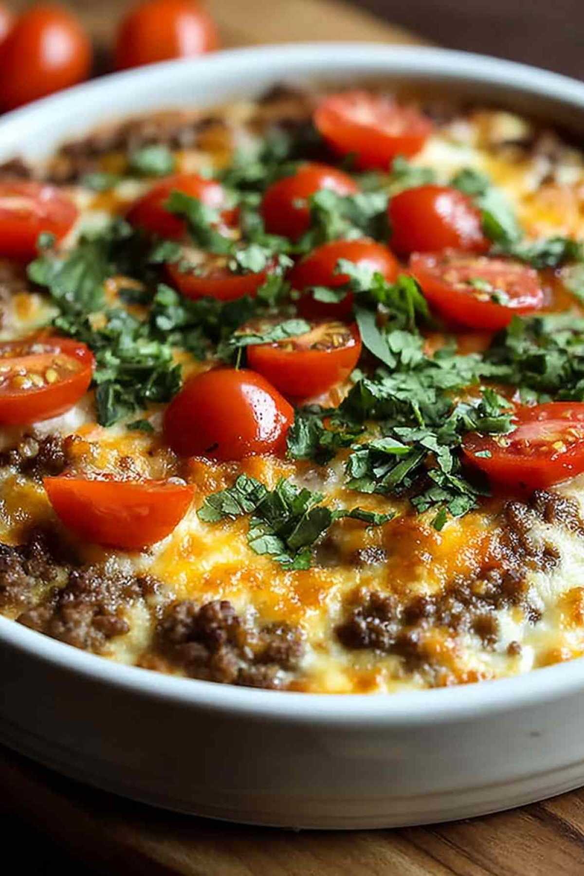 Low Carb Cheeseburger-Auflauf goldbraun gebacken in weißer Auflaufform mit geschmolzenem Käse