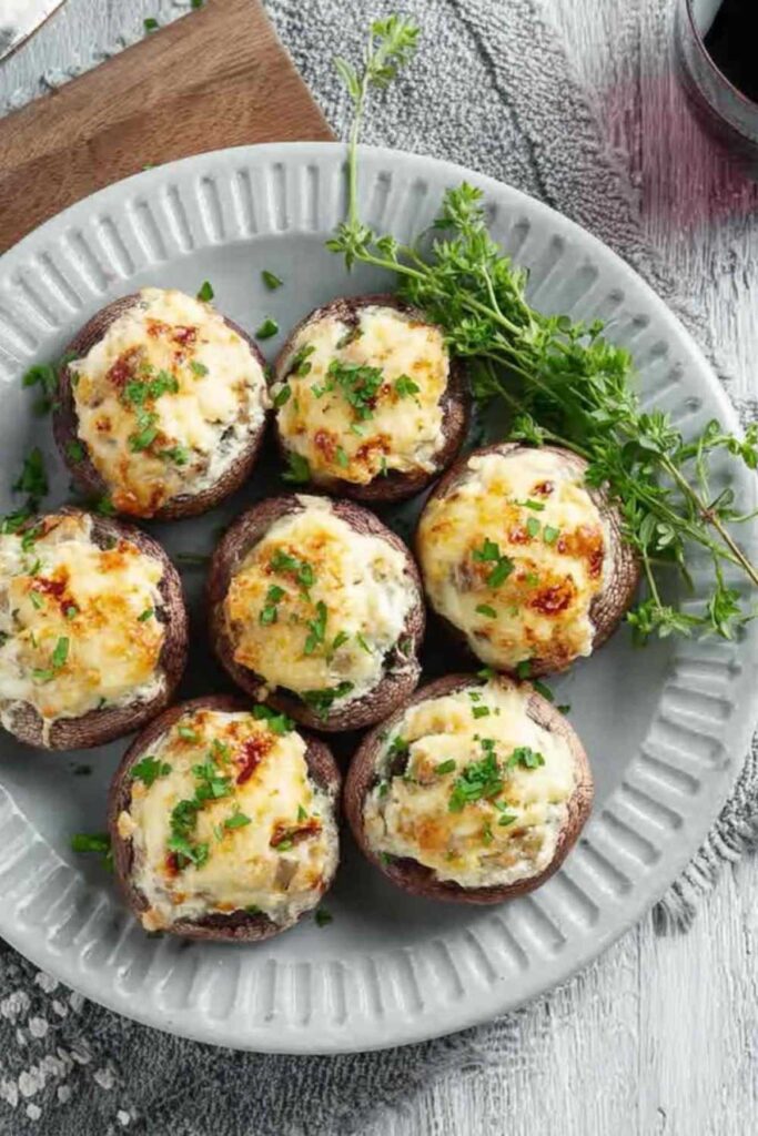 Gefüllte Champignons mit herzhafter Füllung bereit für die Heißluftfritteuse
