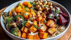 Geröstete Gemüse Buddha Bowl mit Quinoa, knusprigen Kichererbsen und Tahini-Dressing in einer weißen Schale