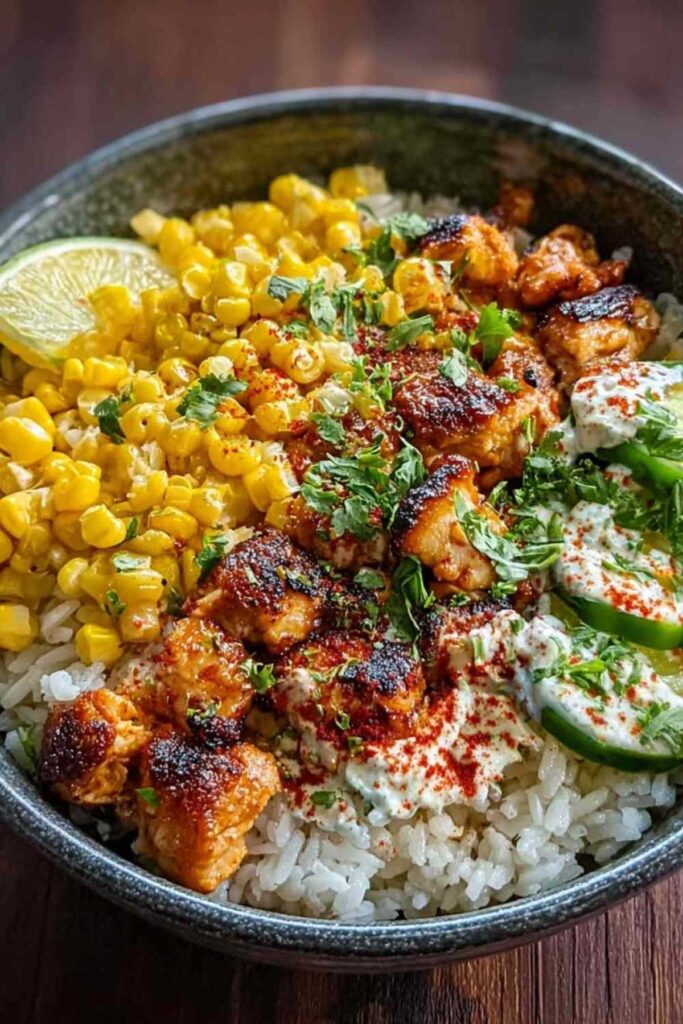 Street Corn Hähnchen Reis Bowl mit geröstetem Mais, Avocado und gewürztem Hähnchen auf braunem Reis