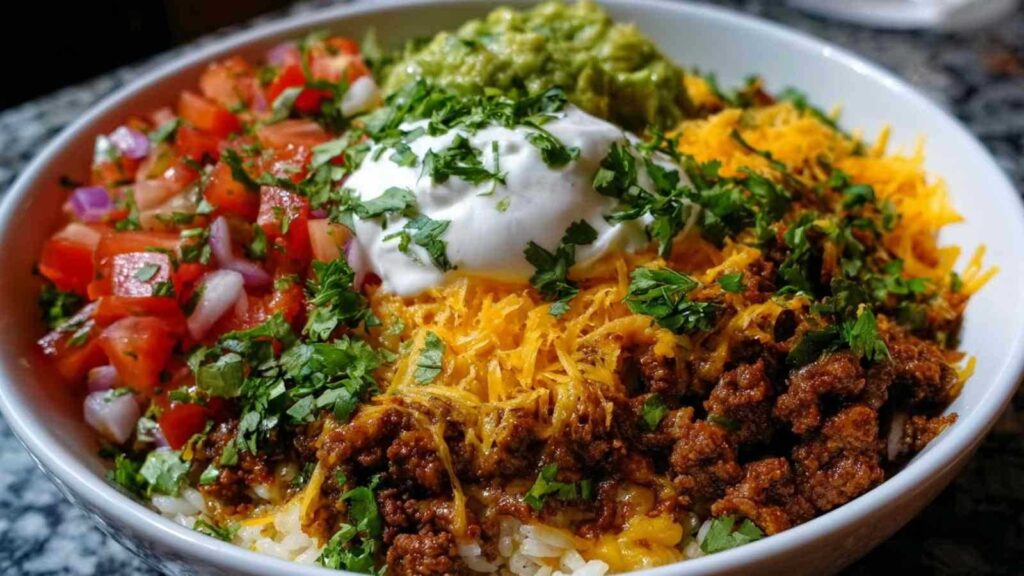 Taco Rice Bowl mit gewürztem Hackfleisch, schwarzen Bohnen und frischem Gemüse serviert in weißer Schüssel