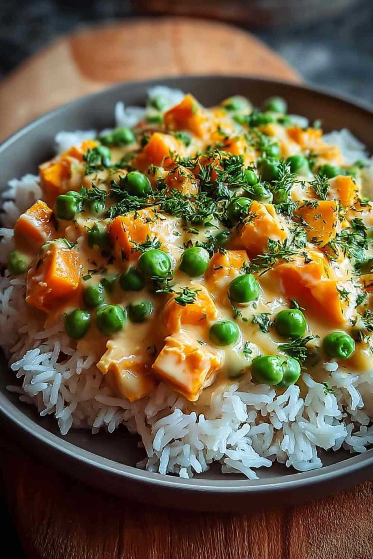Reis mit Gemüse und Frischkäsesauce in großer Pfanne mit buntem Gemüse und cremiger Sauce