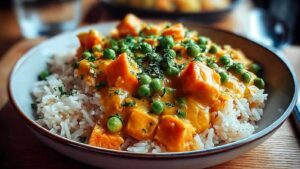 Reis mit Gemüse und Frischkäsesauce in großer Pfanne mit buntem Gemüse und cremiger Sauce