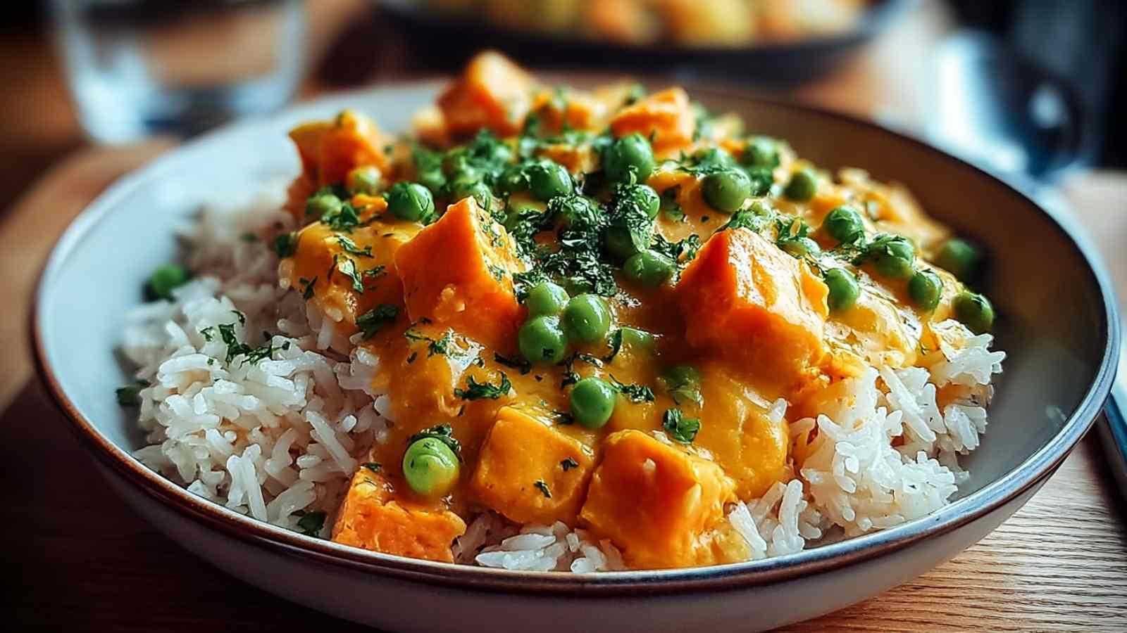 Reis mit Gemüse und Frischkäsesauce in großer Pfanne mit buntem Gemüse und cremiger Sauce