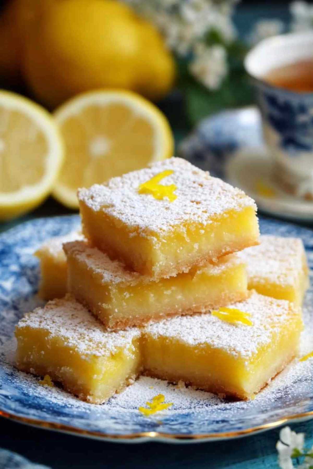 Saftiger Zitronenkuchen vom Blech mit Puderzucker auf rustikalem Holztisch