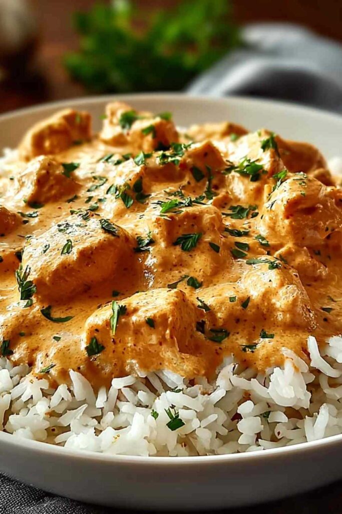 Saftiges Huhn mit cremiger Käsesauce auf lockerem Reis in schwarzer Pfanne serviert