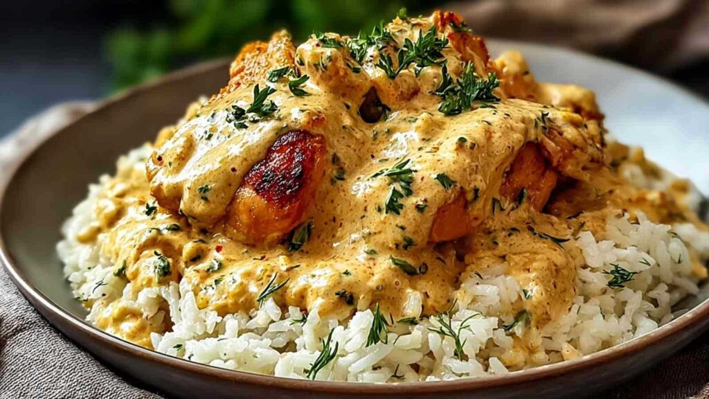 Saftiges Huhn mit cremiger Käsesauce auf lockerem Reis in schwarzer Pfanne serviert