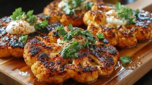 Scharfe gegrillte Blumenkohlsteaks mariniert mit Gewürzen auf Grillrost bereit zum Grillen