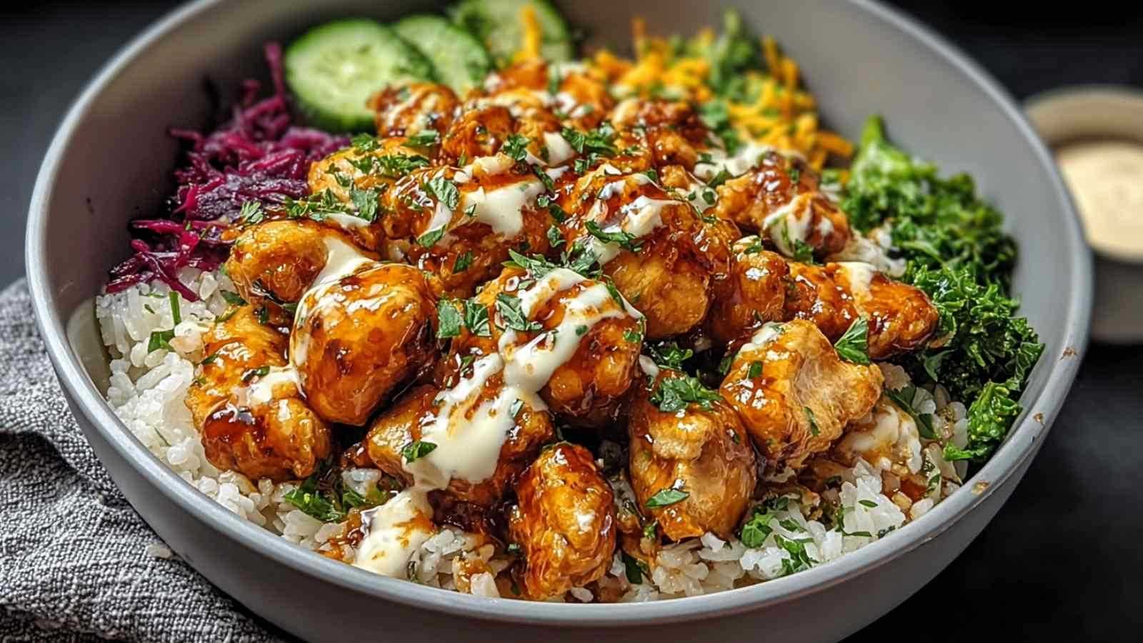 Scharfes Honig-Hühnchen-Bowl mit glasiertem Hähnchen, buntem Gemüse und Reis in weißer Schüssel