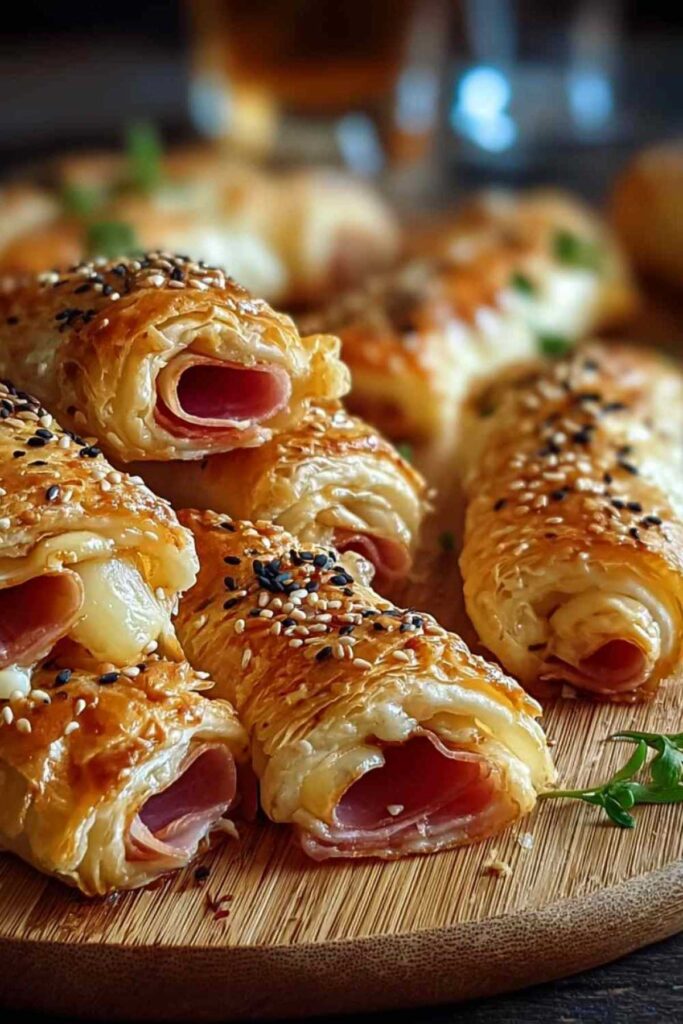 Goldbraune Blätterteig Schinken Käse Taschen frisch gebacken auf Backpapier