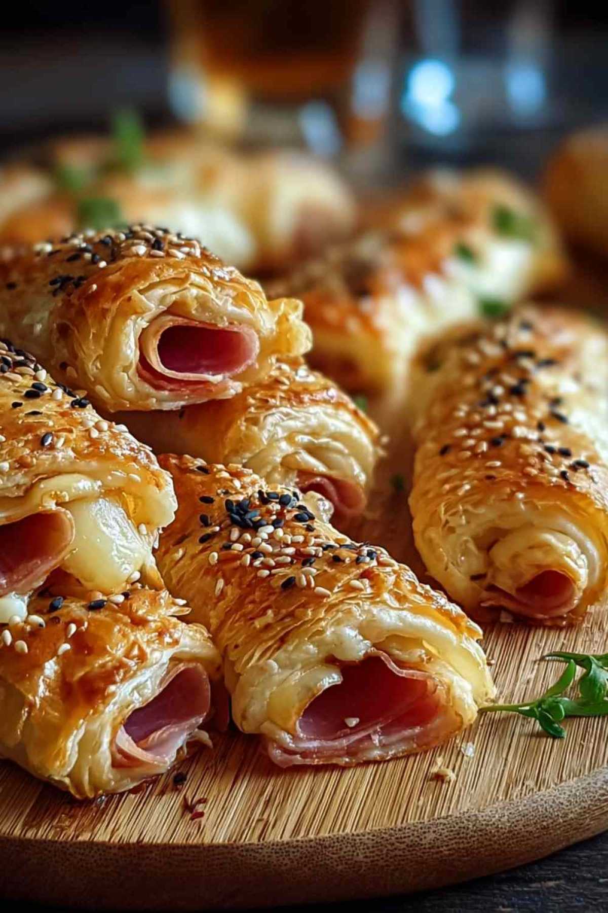 Goldbraune Blätterteig Schinken Käse Taschen frisch gebacken auf Backpapier