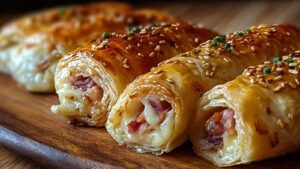 Goldbraune Blätterteig Schinken Käse Taschen frisch gebacken auf Backpapier