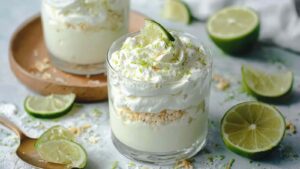 Schnelles Limetten-Mousse in Gläsern geschichtet mit Keksbröseln und Limettenscheiben
