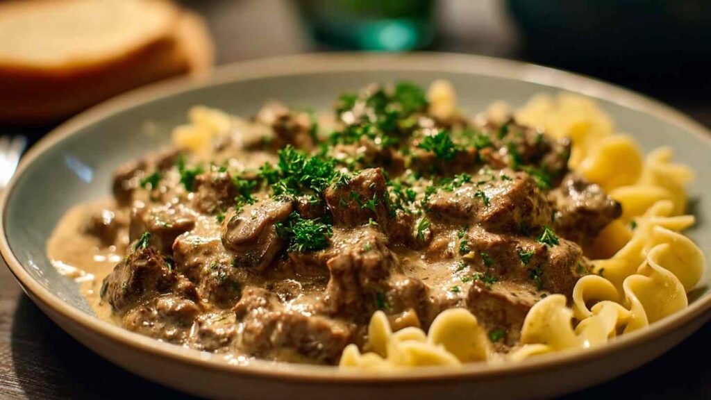 Rinderhack Stroganoff mit Champignons und cremiger Sauerrahm-Soße in einer großen Pfanne