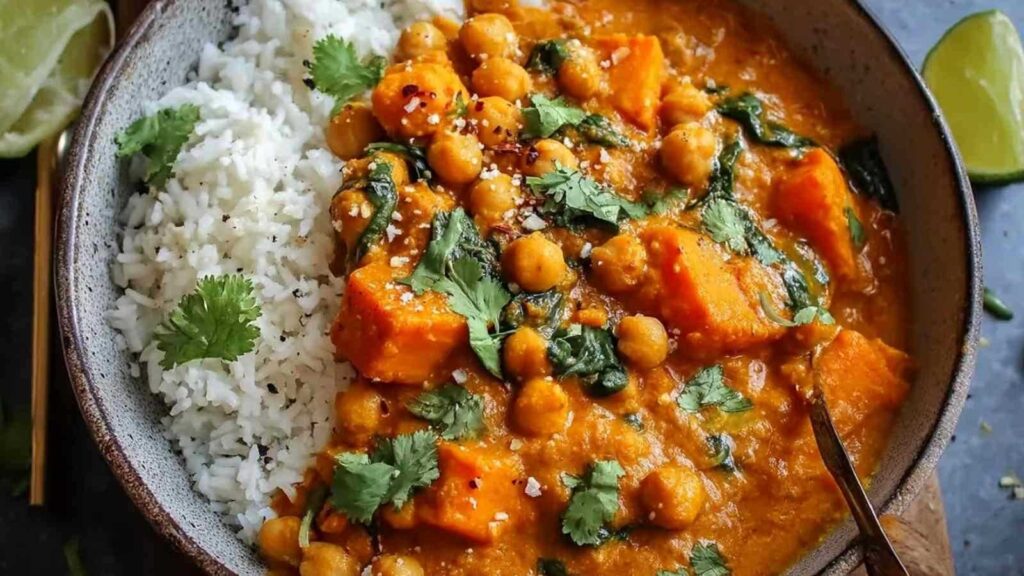 Süßkartoffel-Kichererbsen-Curry in einem Topf mit cremiger Kokosmilch und Gewürzen