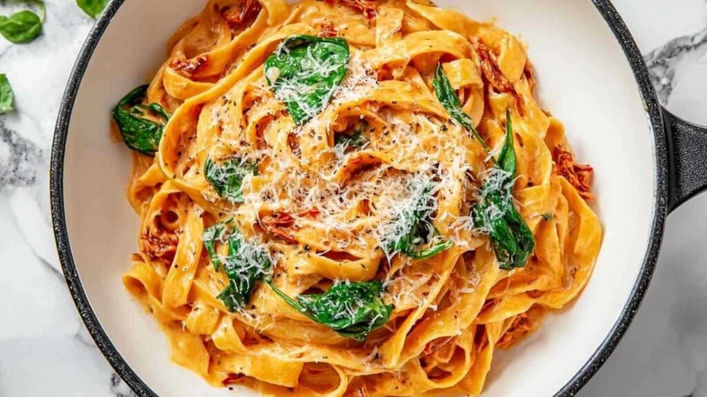 Vegane cremige getrocknete Tomaten Pasta in schwarzer Pfanne mit frischen Kräutern