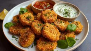 Vegane Kichererbsen Nuggets goldbraun und knusprig auf weißem Teller serviert