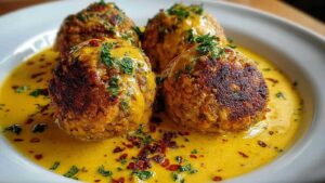Vegane Linsenknödel in goldgelber Curry-Sauce auf weißem Teller serviert