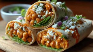 Würzige Buffalo-Kichererbsen-Wraps halbiert auf weißem Teller mit frischen Kräutern garniert