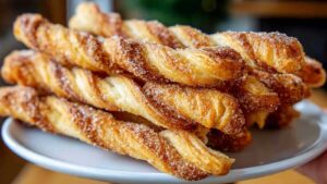 Goldbraune Zimt-Zucker-Twists aus Blätterteig frisch gebacken auf Backpapier