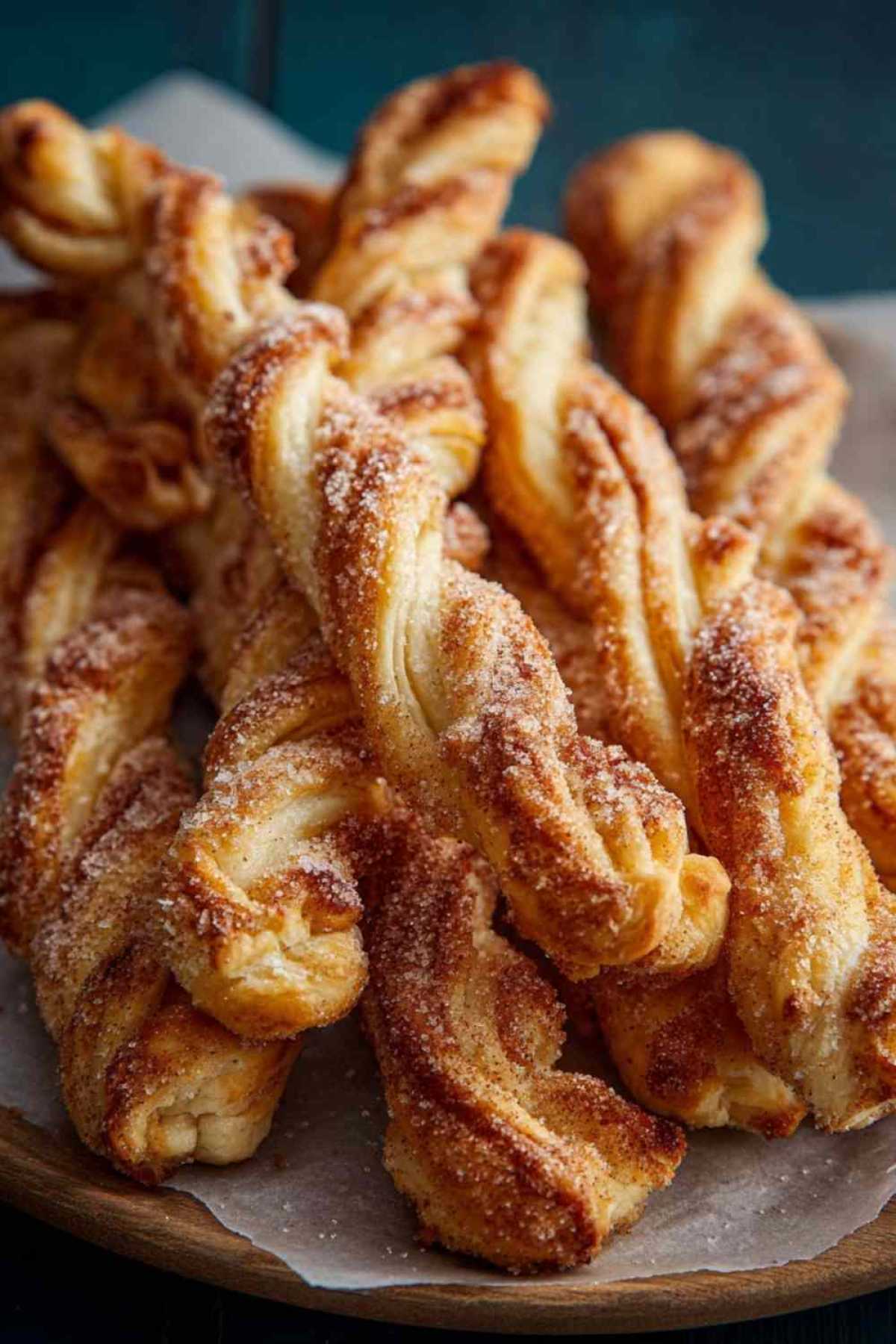 Goldbraune Zimt-Zucker-Twists aus Blätterteig frisch gebacken auf Backpapier