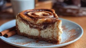 Zimtschnecken Käsekuchen mit Zimt-Swirl-Muster auf weißem Kuchenteller serviert