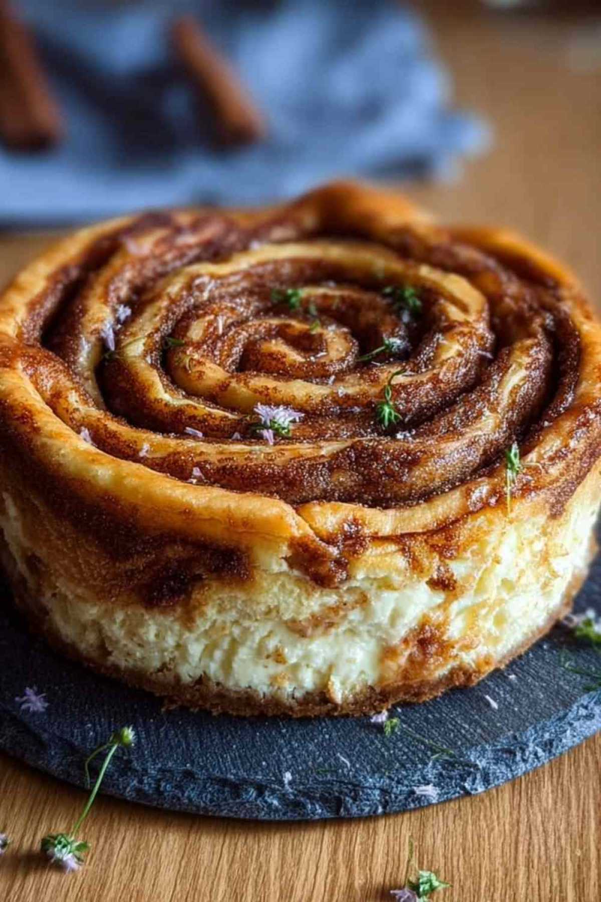 Zimtschnecken Käsekuchen mit Zimt-Swirl-Muster auf weißem Kuchenteller serviert