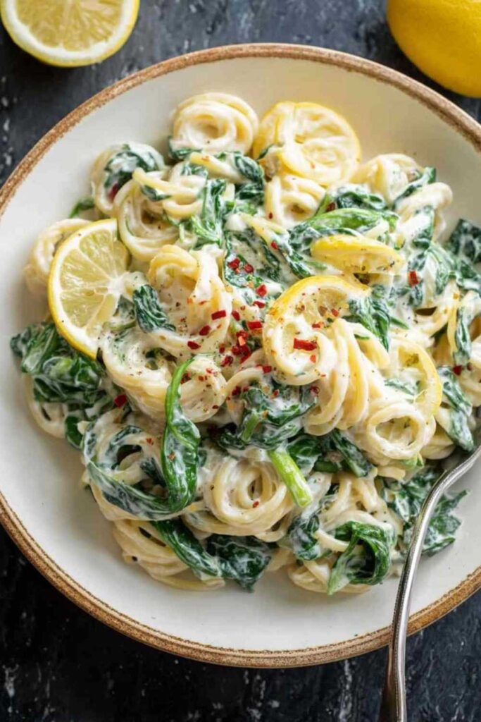 10-Minuten Zitronen Ricotta Pasta mit Spinat