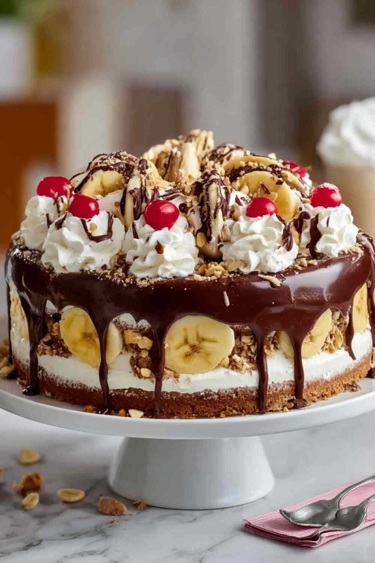 Banana Split Torte auf eleganter Tortenplatte mit Schokoladensoße und Zebra-Röllchen dekoriert