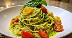 Zutaten für cremige Avocado Pasta auf Holzbrett arrangiert