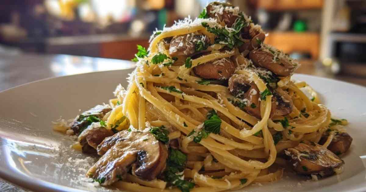 Ingrediënten voor champignon pasta uitgestald op aanrecht