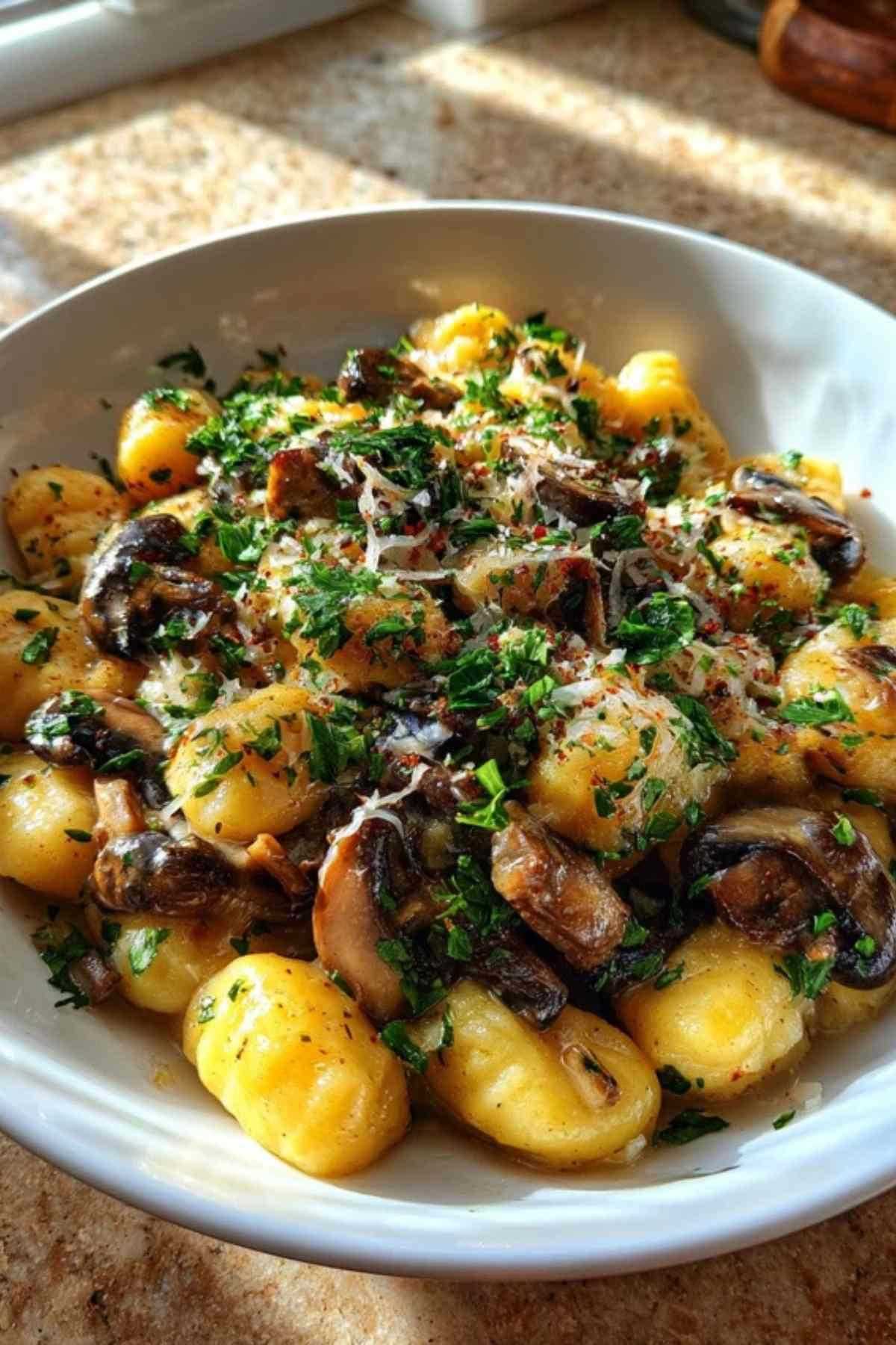 Cremige Gnocchi-Pilz-Pfanne in schwarzer Pfanne