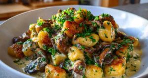 Zutaten für Gnocchi-Pilz-Pfanne auf Holzbrett