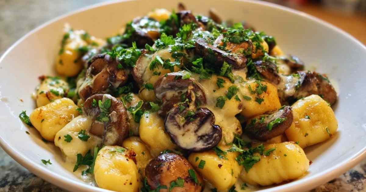 Portion Gnocchi-Pilz-Pfanne auf weißem Teller