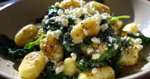 Zutaten für Spinat-Gnocchi mit Feta auf Holzbrett